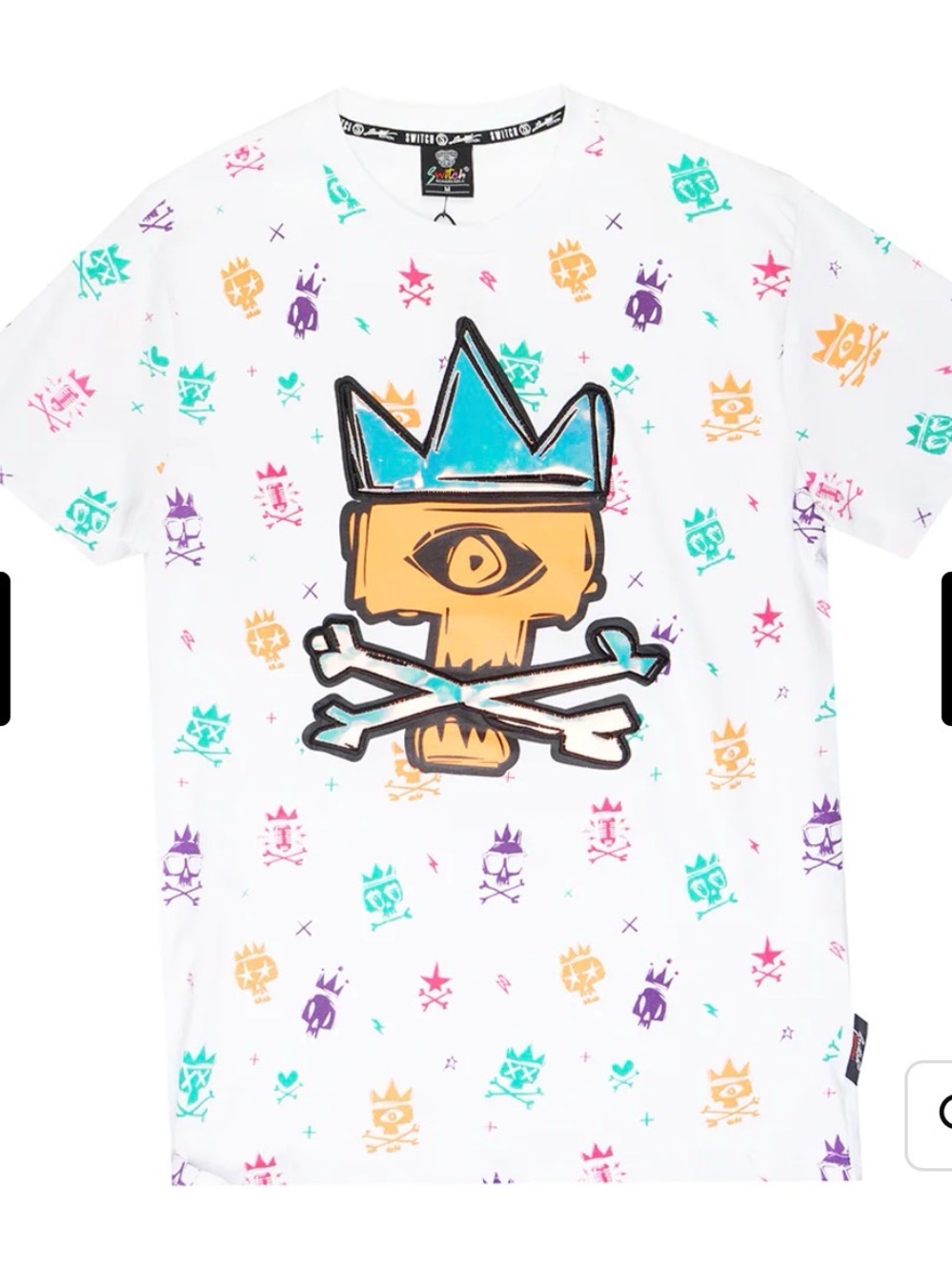 White Short Sleeve Graphic Tee with Multicolor Crown Skull